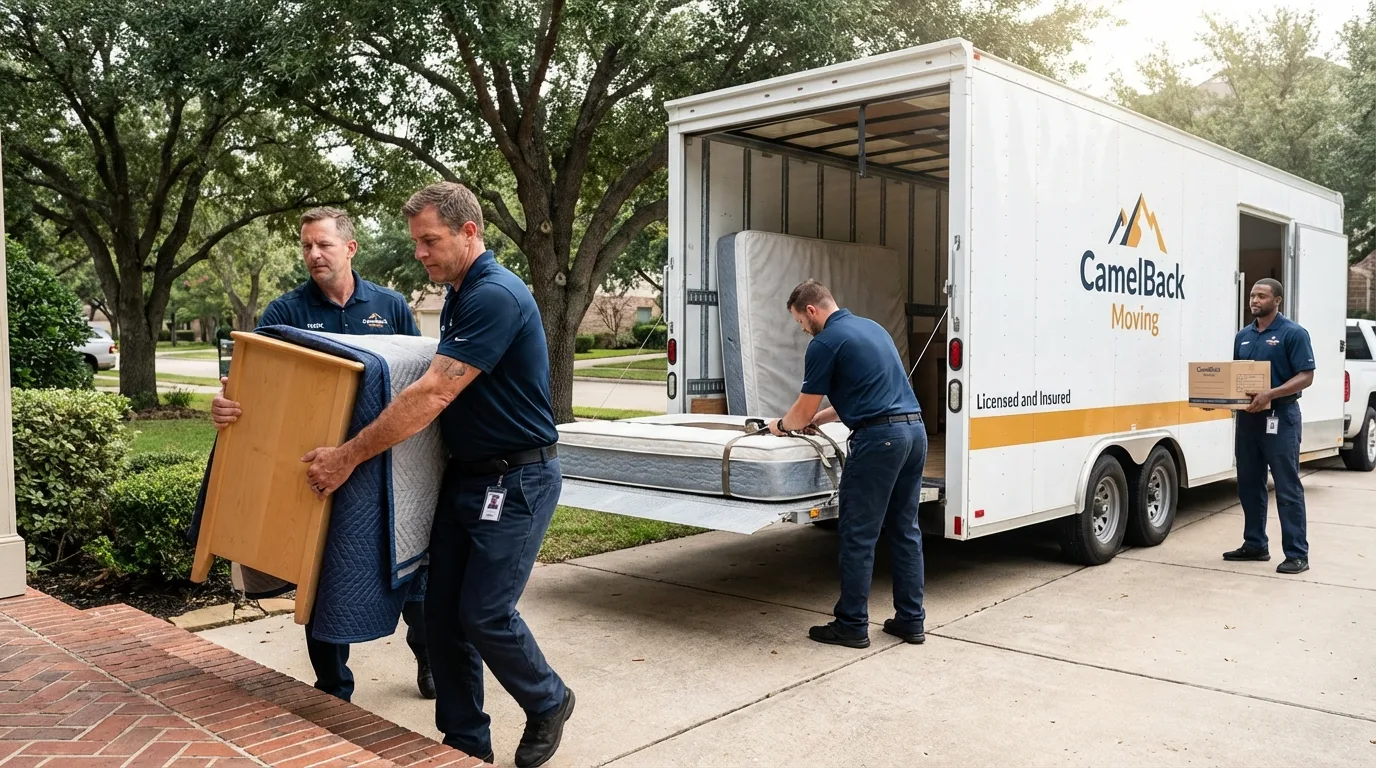 Crew loading residential truck for cross-state move from Riverside, IL