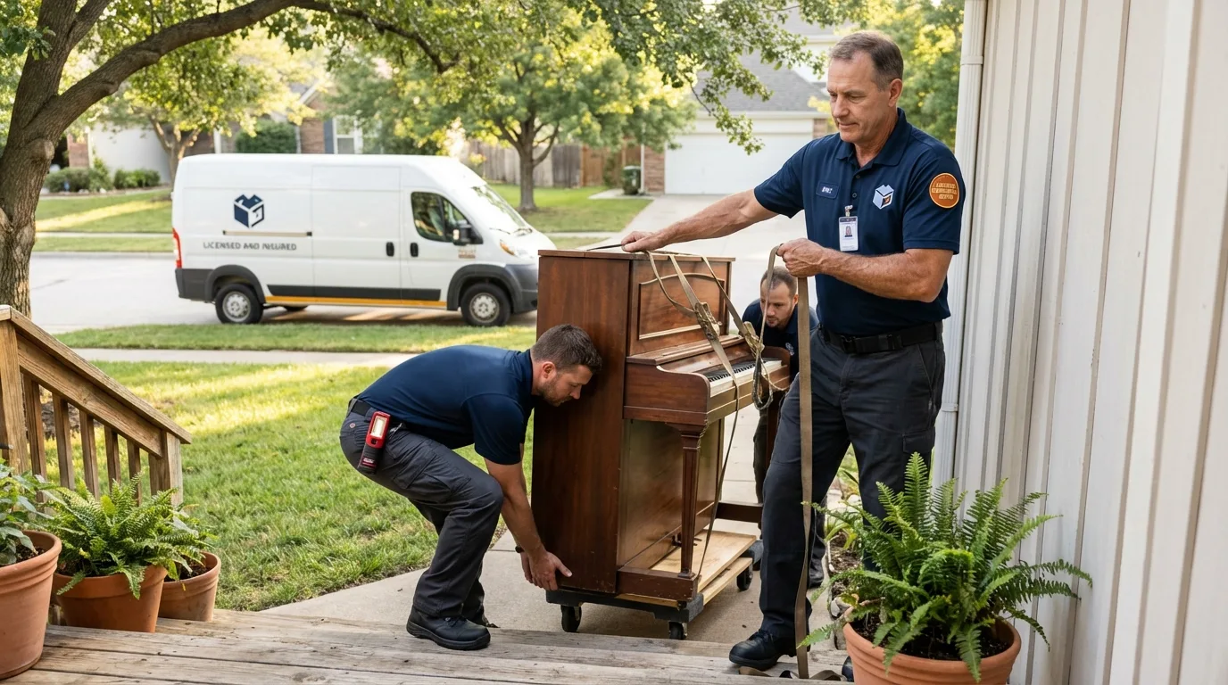 Licensed piano movers securing grand piano in Riverside, IL