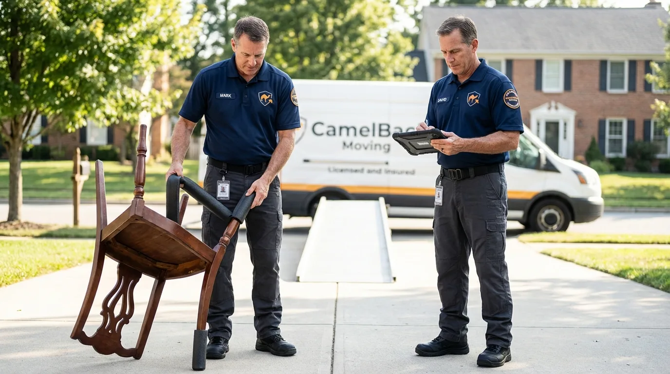 Movers inspecting furniture for damage prevention before loading in Riverside, IL