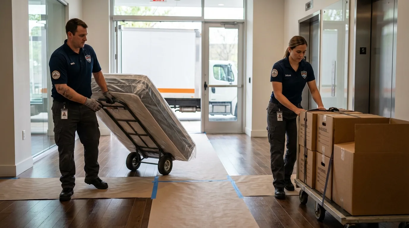 Professional apartment movers loading elevator in Riverside, IL